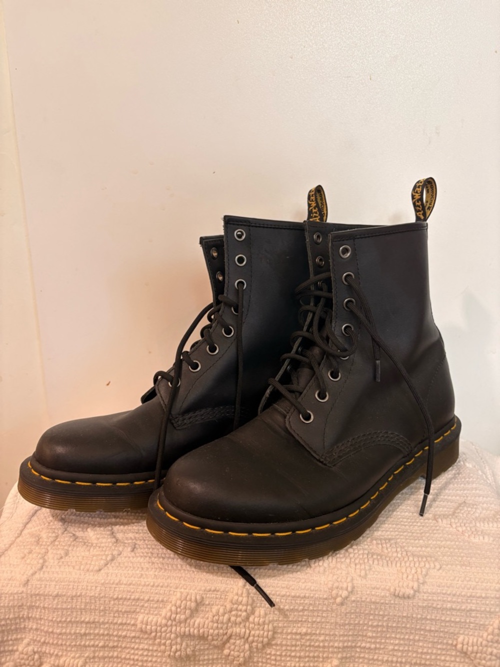 Dr. Martens Black Leather Lace-Up Boots with Yellow Stitching